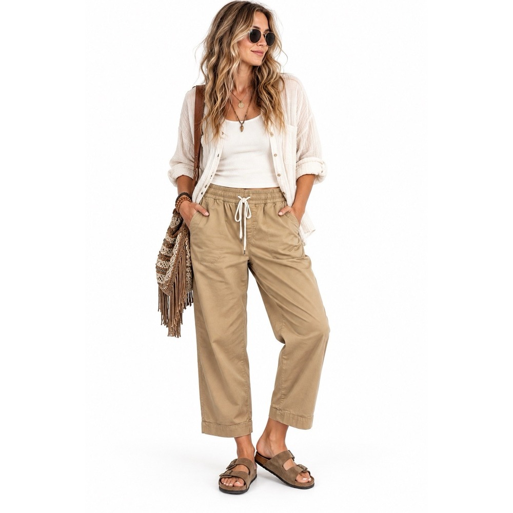 Lane Bryant Cropped Chino Pants Pull On Sz 16 (35x26) Khaki Minimalist Relaxed